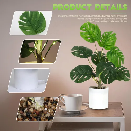 Vista 4 de RECUTMS Plantas falsas altas de 18 pulgadas con luz artificial Monstera planta palmera tropical en maceta blanca de imitación vegetación en maceta