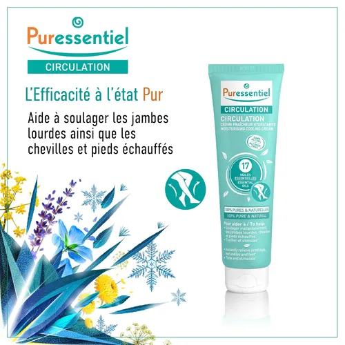 Vista 2 de Puressentiel Crema refrescante hidratante de circulación, aceites 100% puros y naturales, sin alcohol, apoya la circulación, proporciona alivio