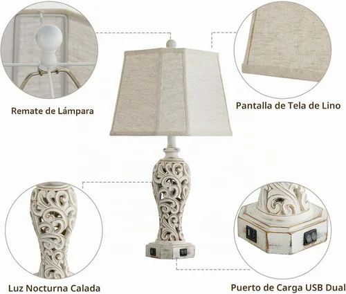 Vista 7 de Lámpara de mesa de granja de 25 pulgadas para sala de estar y dormitorio, lámpara de noche de diseño rústico vintage con 2 puertos USB y luz