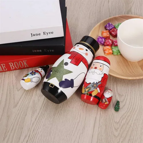 Vista 5 de Konrisa 5 muñecas anidables de Papá Noel, muñeco de nieve, Matryoshka, muñecos de anidación para niños y adultos, figuras hechas a mano de madera