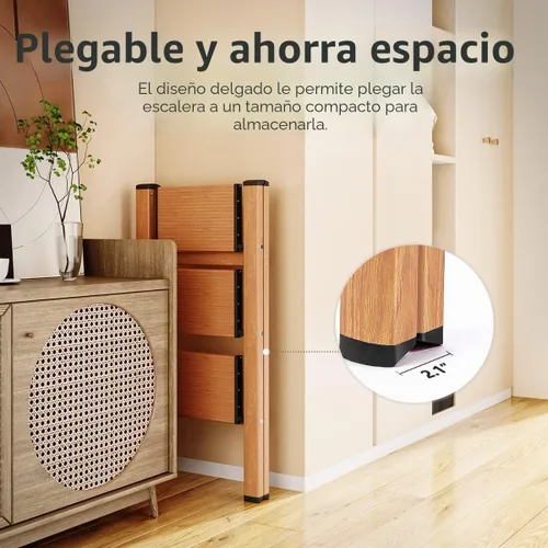 Vista 4 de SOLADDER Escalera de 3 escalones, taburete plegable ligero, grano de madera Woodgrain