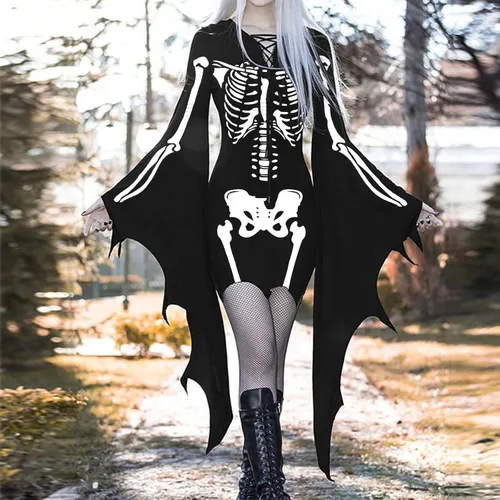 Vista 2 de BADHUB Vestido de Halloween para mujer vestido de cosplay de bruja morticia con cordones cuello en V manga de murciélago vestido ajustado hasta