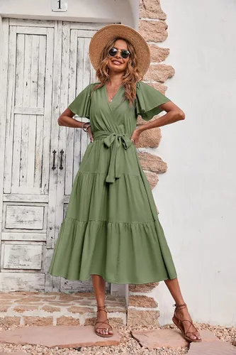 Vista 2 de PRETTYGARDEN Vestidos de verano para mujer 2023, cuello en V, manga corta, bohemio, vestido midi con lazo en la cintura, vestidos de playa