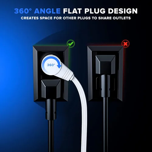 Vista 7 de Maximm Cable de extensión de enchufe plano giratorio de 360° de 1 pie, cable de extensión de 3 tomas de corriente múltiple de 16 AWG, cable
