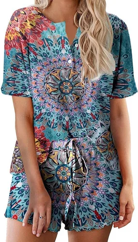 Vista 6 de Ekouaer Conjunto de pijamas teñidos con técnica tie dye para mujer, ropa de dormir, 2 piezas, conjuntos de pijamas, ropa de relajación A-tie Dye