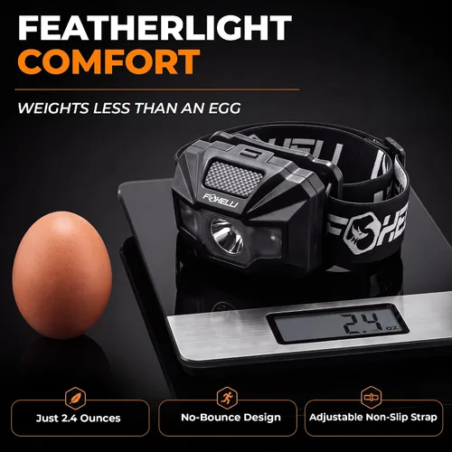 Vista 6 de Foxelli Linterna frontal LED recargable USB‑C – Ultraligero 2.4 oz y brillante 180 lúmenes – Luz roja/blanca, 5 modos, IPX5 impermeable, 40 horas