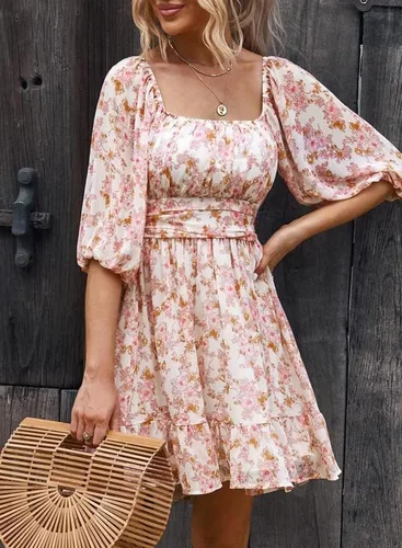 Vista 5 de Dokotoo Women Square Neck Boho Dress Elastic Waist Tie Backless Sexy Dresses
