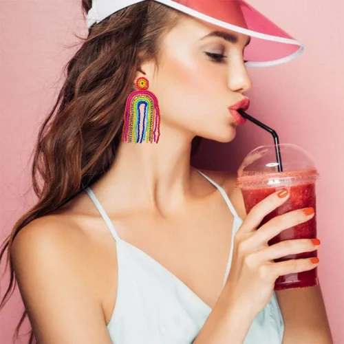 Vista 2 de Aretes colgantes con cuentas de arcoíris y borlas, regalo para mujer