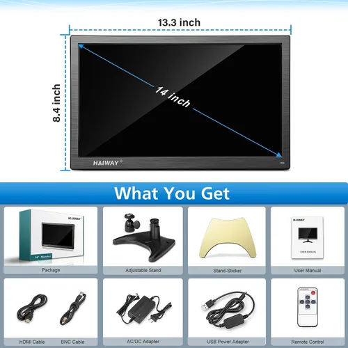 Vista 7 de Haiway Monitor de seguridad de 14 pulgadas, resolución de 1366 x 768, monitor de PC pequeño con altavoces integrados con puertos HDMI/VGA/BNC/AV