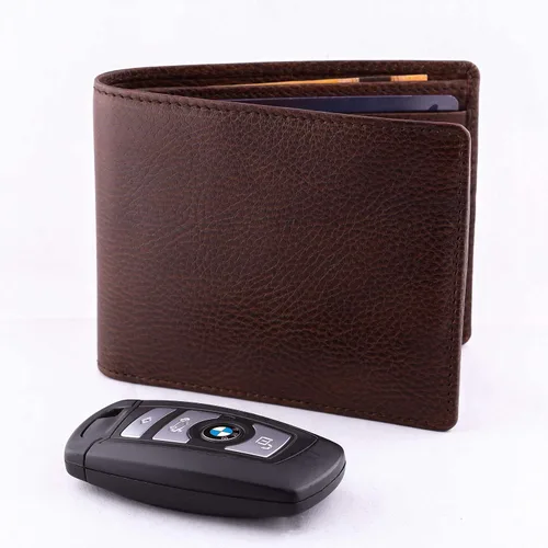 Vista 3 de DiLoro Billetera de cuero delgada para hombre con bolsillo y tecnología de bloqueo RFID Géminis Brown Cartera RFID plegable