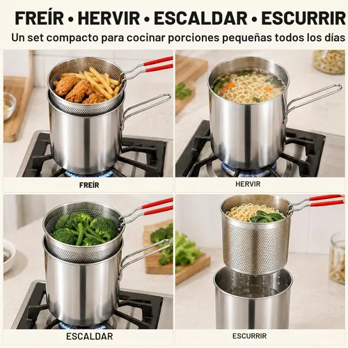 Vista 6 de Nueva olla de freidora de acero inoxidable 304 con cesta y asa (3 piezas)