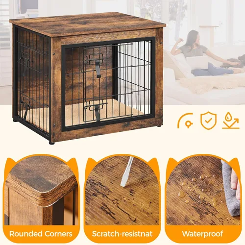 Vista 6 de Yaheetech 32" Mesa auxiliar de jaula para perros con cojín, jaula de madera para perros con puertas dobles/pies ajustables, mesa auxiliar lateral
