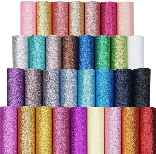Vista 6 de Hojas de tela de piel sintética con purpurina de 32 colores de 8 x 6 pulgadas para lazos de cuero, aretes, fabricación de joyas, costura