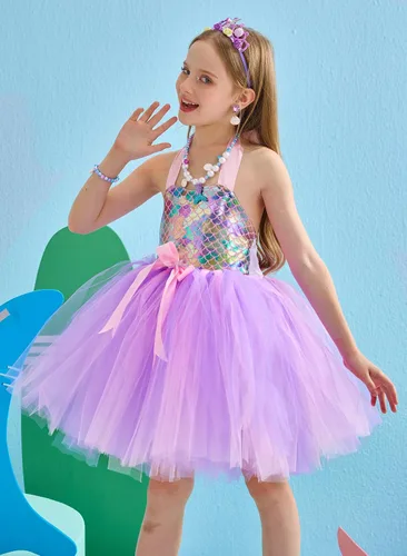 Vista 3 de Tutu Dreams Mermaid Dress for Girls with Crown Birthday Halloween Party Gifts Dress Up Clothes