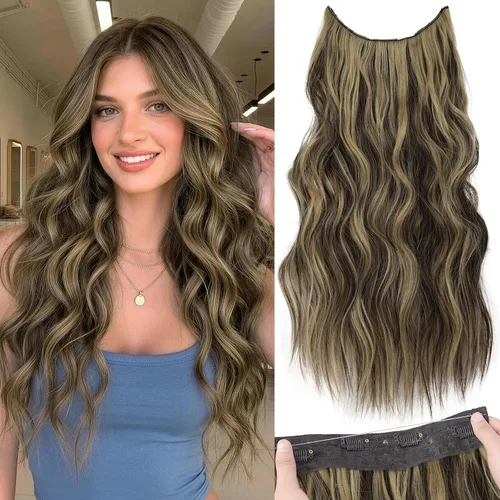 Vista 45 de Extensiones de cabello con hilo invisible, diadema transparente, ajustables, 4 clips fijadores, cabello largo y ondulado de 12 pulgadas, balayage