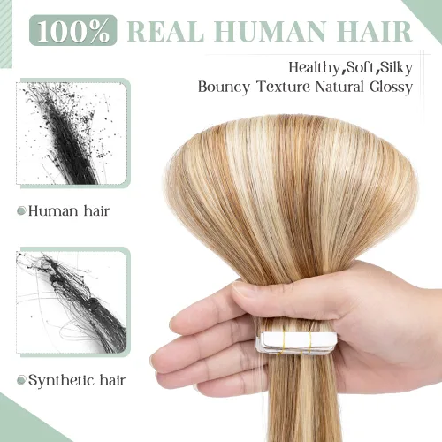 Vista 4 de Extensiones de cabello humano con cinta adhesiva invisible, sin costuras, doble cara, extensiones de cabello humano recto natural de Remy