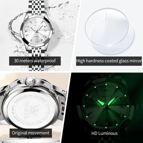 Vista 12 de OLEVS Reloj de mujer con diamantes de moda, analógico, de cuarzo, de acero inoxidable, para mujer, pequeño, para fecha, impermeable, luminoso