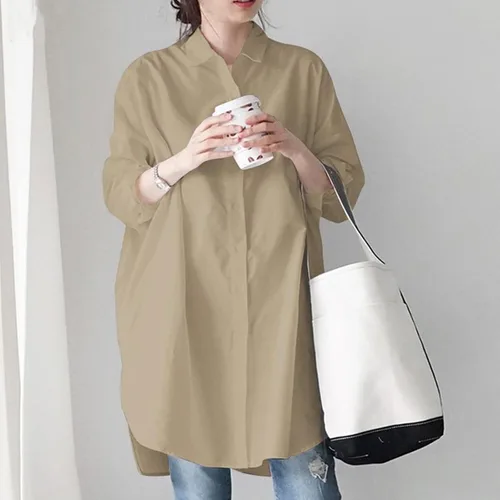 Vista 2 de Camisas largas con botones para mujer enemigos 2022 de otoño, de moda, manga larga, con cuello, blusas informales irregulares