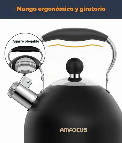 Vista 4 de Hervidor de té, hervidor de té silbante de acero inoxidable de 2 cuartos, tetera silbante para estufa con mango plegable ergonómico, tetera pequeña
