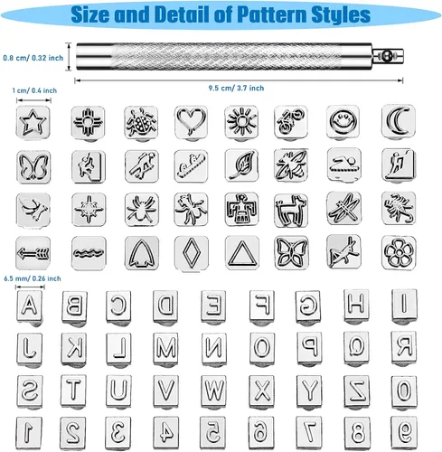Vista 3 de 70 piezas de herramientas de estampado de cuero, kit de estampado de cuero con 2 piezas de herramientas de punzón, 68 piezas de letras metálicas