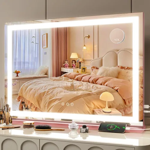 Vista 34 de FENNIO - Espejo de tocador con luces, espejo de maquillaje iluminado LED, pantalla táctil con 3 modos de iluminación, regulable, para mesa