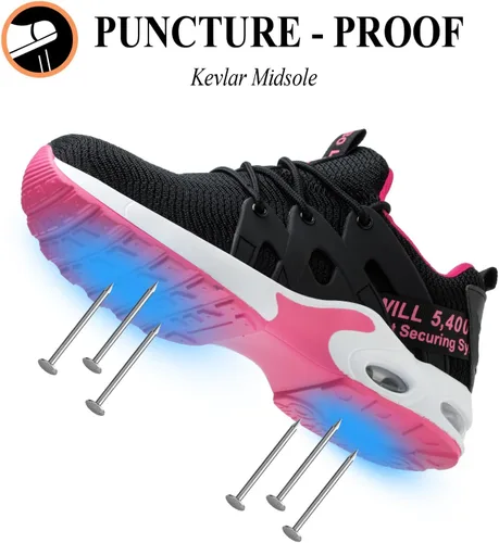 Vista 3 de LANSNBO Zapatos de punta de acero para mujer, zapatos de trabajo de seguridad indestructibles, con amortiguación de aire, ligeros, transpirables