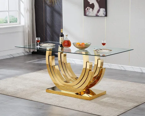 Vista 28 de Mesa de comedor moderna de vidrio de 70 pulgadas para 6-8, mesa de comedor de cristal dorado de lujo con base de acero inoxidable en forma de flores