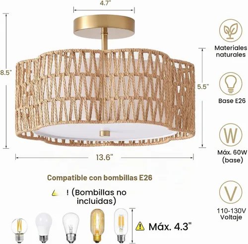 Vista 2 de Lámparas bohemias de 13.6 pulgadas de montaje empotrado, 3 luces de ratán para techo, montaje empotrado dorado para dormitorio, en forma de flor