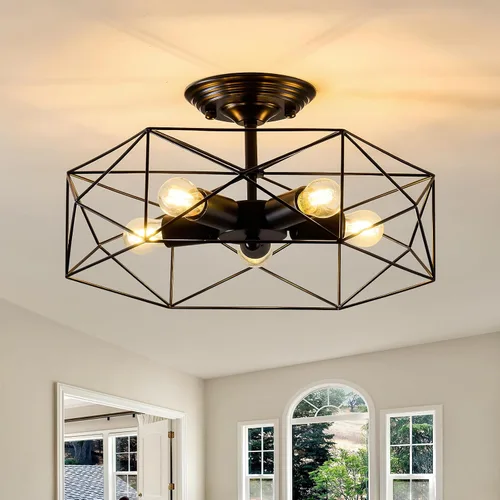 Vista 11 de Lámpara industrial de techo semiempotrada de 4 luces, moderna lámpara Sputnik de metal negro con base de bombilla E26 cerca de la luz de techo