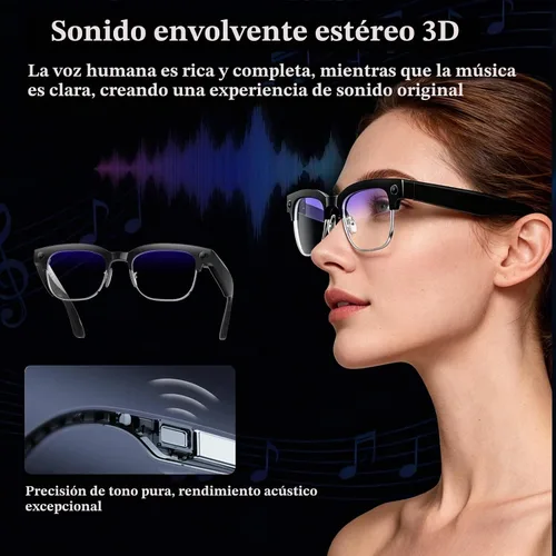 Vista 6 de Lentes inteligentes AI con cámara, lentes de cámara Bluetooth antivibración de 8 MP, grabación de video de 1080P, reducción de ruido de doble