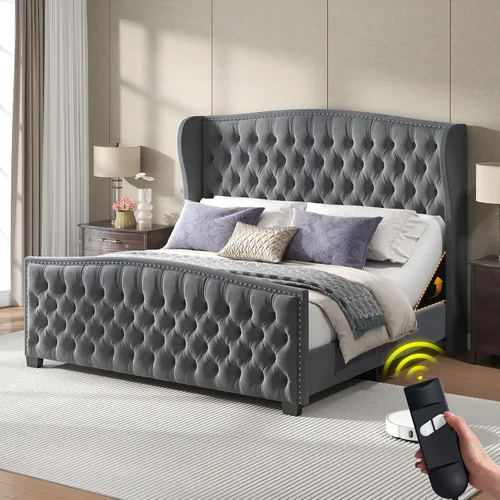 Vista 10 de LUXOAK Base de cama ajustable tamaño Queen con cabecero copetudo y respaldo de ala, base de cama ajustable inteligente con doble motor y control