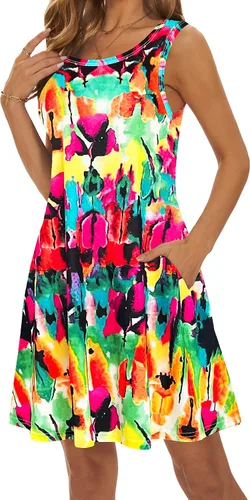Vista 2 de Vestidos de verano 2025 para mujer, vestidos informales para la playa, salidas de baño, vestidos acampanados y con vuelo, sin mangas, tipo camiseta