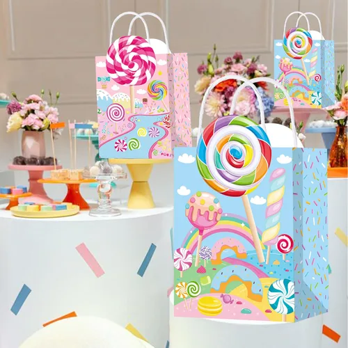 Vista 9 de C L cooper life 12 bolsas de regalo de fiesta de Candyland con asas, bolsas de regalo para fiestas temáticas de piruletas, suministros para fiesta