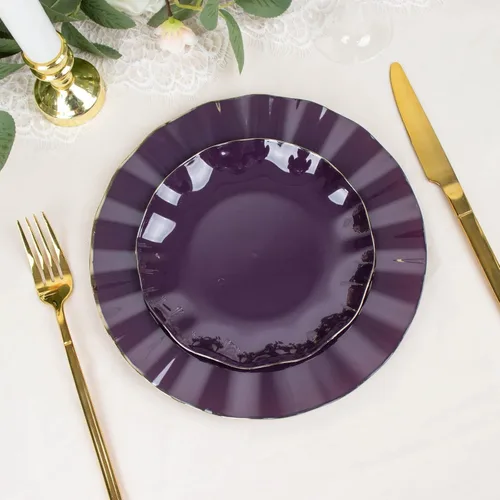 Vista 89 de Tableclothsfactory Paquete de 10 platos redondos de plástico negro de 6 pulgadas para ensalada de postre, platos desechables con borde ondulado