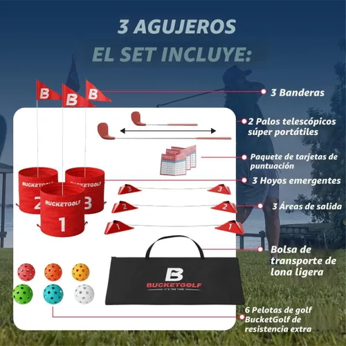 Vista 4 de bucketgolf Juego original de viaje de 3 agujeros con palos, juego de golf #1 para patio trasero y adultos y niños de todas las edades. Playa