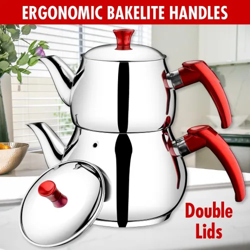 Vista 5 de Hakan Juego de tetera Maxi Double Bondy de acero inoxidable de 3.2 L, 107 onzas, con tapa doble autocolador, juego de tetera estilo samovar turco