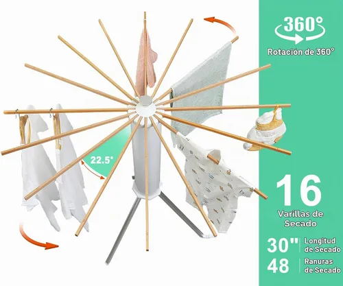 Vista 4 de Estante de secado de ropa con trípode cilíndrico, 16 varillas expandibles, estante de secado de pulpo de pie, maestro de ahorro de espacio, compacto