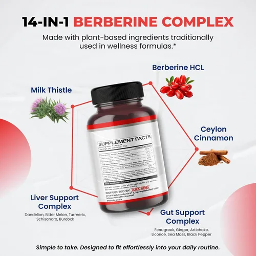 Vista 3 de Ultra Herbs Berberina prémium con canela, cardo mariano - Promueve la función hepática, la salud intestinal y la inmunidad (150