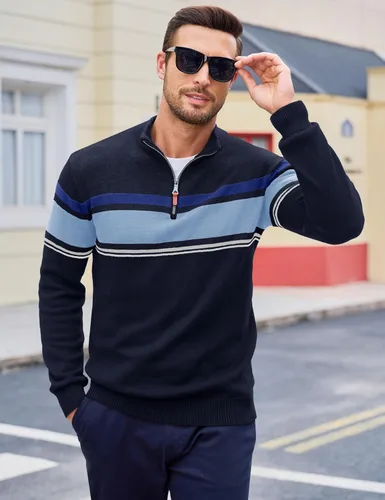 Vista 10 de MAGCOMSEN Suéteres de algodón con cremallera de 1/4 para hombre, suéter tipo polo, a rayas, para otoño e invierno, sudaderas cálidas