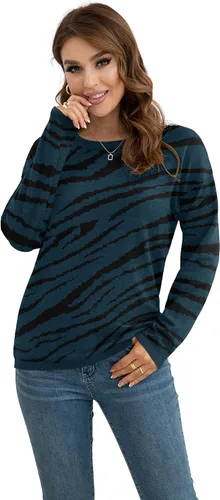 Vista 2 de VIISHOW - Suéteres de punto con manga larga cuello redondo y estampado para mujer, Azul Leopard, XXL