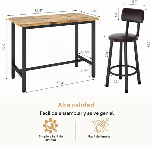 Vista 4 de Juego de mesa de bar y sillas de 3 piezas para 2, juego de comedor rectangular de altura de mostrador, mesa de bar y taburetes para 2, juego