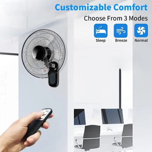 Vista 4 de Ventilador solar de pared de 16 pulgadas, ventilador oscilante para el hogar con control remoto, 5 aspas y 3 velocidades, panel solar/adaptador