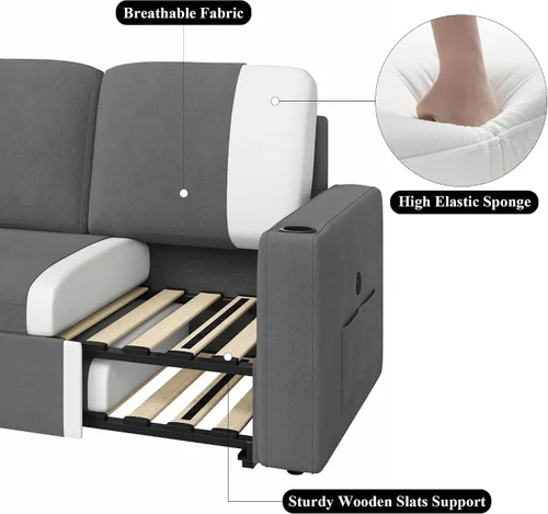Vista 7 de Keyluv Sofá cama extraíble de 87 pulgadas con diván de almacenamiento, sofá cama modular reversible 2 en 1 con estación de carga y soporte
