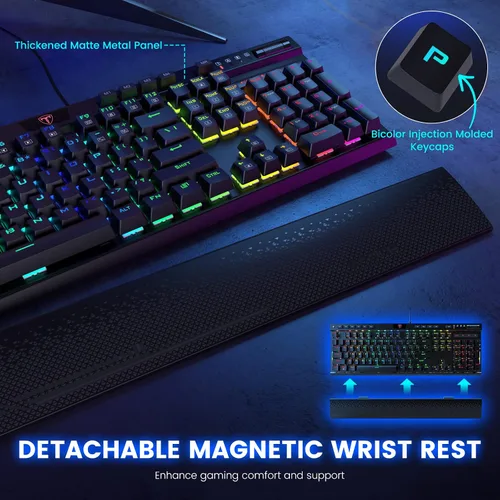 Vista 6 de RisoPhy PRO RGB - Teclado mecánico para juegos, iluminación RGB por tecla, teclas macro y controles dedicados de medios, reposamuñecas desmontable
