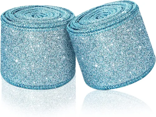 Vista 10 de 2 rollos de cinta de Navidad de 20 yardas con purpurina metálica con borde de alambre, cintas decorativas de tela para envolver fiestas, decoración