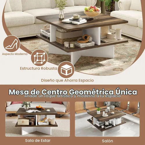 Vista 4 de Giantex Mesa auxiliar cuadrada, mesa central moderna de mediados de siglo con 4 compartimentos de almacenamiento y base en forma de cruz, mesas
