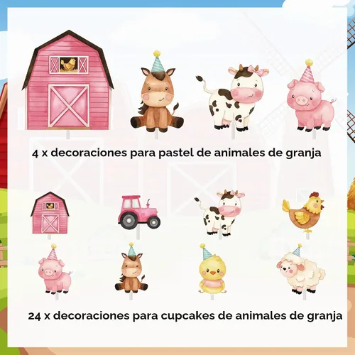 Vista 6 de Decoración de pastel de animales de granja rosa para niñas, temática de animales de granja, fiesta de cumpleaños, decoración de pastel de vaca