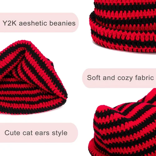 Vista 5 de CATMICOO Y2k Beanie Knit Cat Ear Beanies - Gorros de ganchillo para mujer