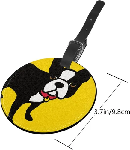 Vista 4 de Etiqueta de identificación redonda de cuero para equipaje Boston Terrier y Bulldog francés, etiqueta de maleta de viaje, 4