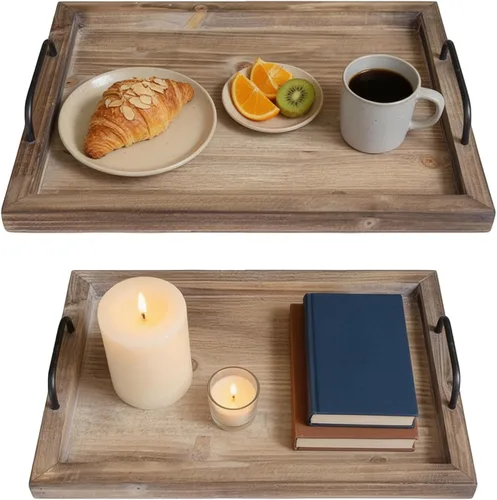 Vista 11 de Besti Bandejas rústicas vintage para servir comida (juego de 2) Tabla de madera anidable con asas de metal Elegantes bandejas de servir